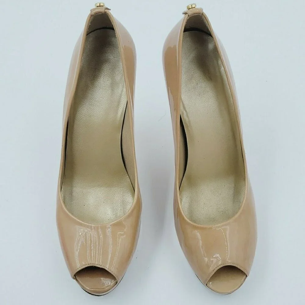 Stuart Weitzman Neutral Patent Leather Platform Peep Toe Pumps Size 8.5M